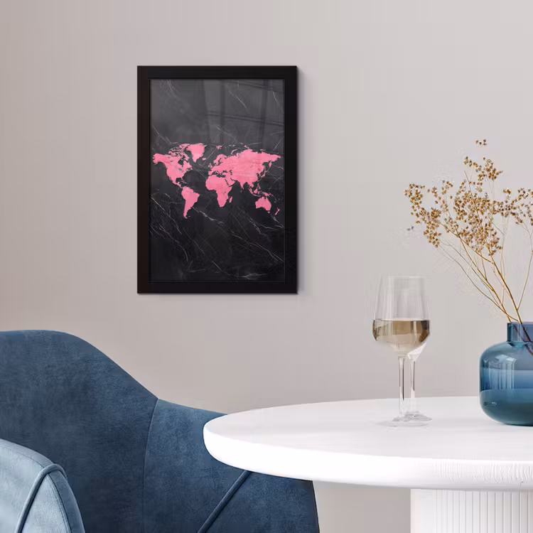 Wereldkaart - Roze - Marmer fotolijst zwart zonder passe partout klein -sfeer4