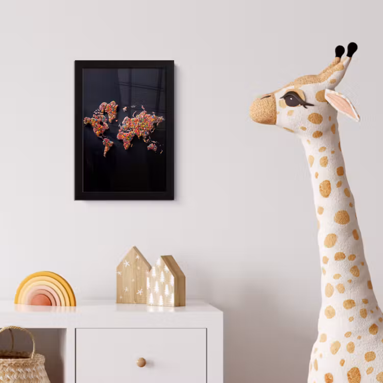 Wereldkaart - Snoepjes - Felle kleuren fotolijst zwart zonder passe partout klein -usfeer4_kinderkamer