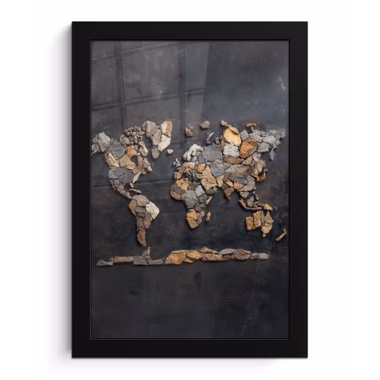 Wereldkaart - Stenen - Realistisch fotolijst zwart zonder passe partout klein -3d