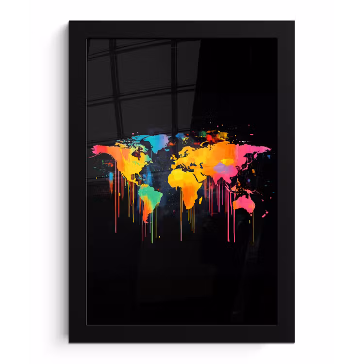 Wereldkaart - Verf - Kleurrijk - Graffiti - Wereld fotolijst zwart zonder passe partout klein -3d