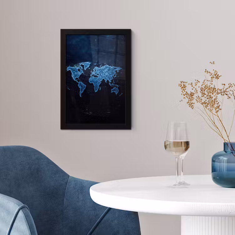 Wereldkaart - Waterstructuur - Blauw fotolijst zwart zonder passe partout klein -sfeer4