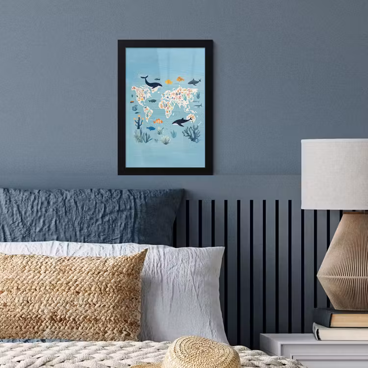 Wereldkaart - Zeeleven - Blauw fotolijst zwart zonder passe partout klein -sfeer3