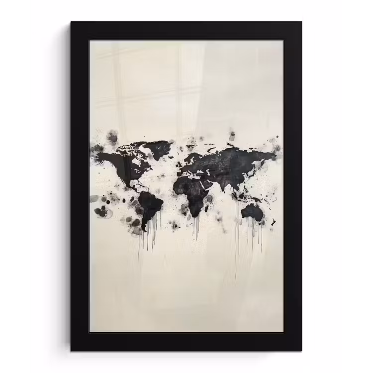Wereldkaart - Zwart - Inkt fotolijst zwart zonder passe partout klein -3d