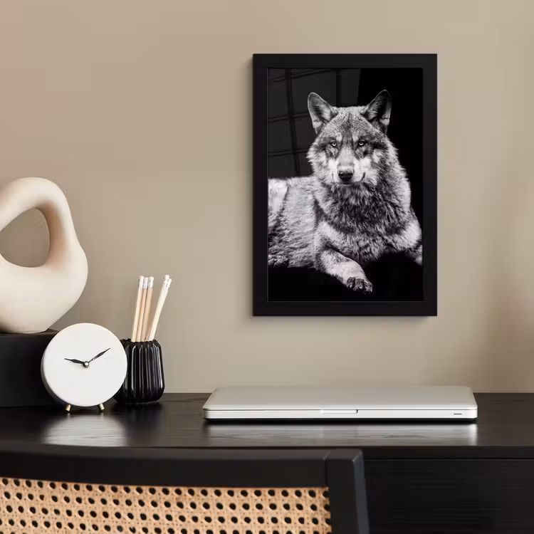 Wilde dieren - Wolf - Zwart - Wit fotolijst zwart zonder passe partout klein -sfeer1