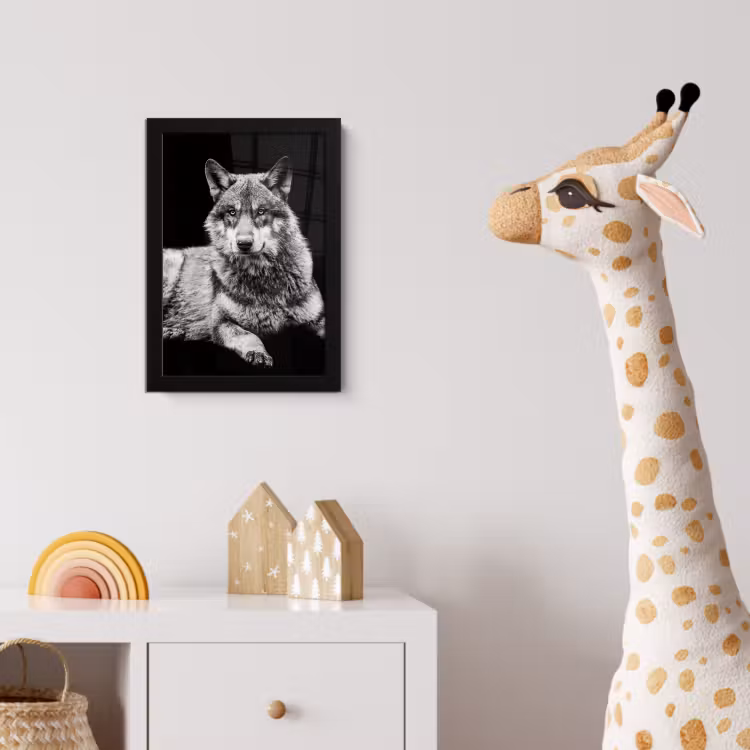 Wilde dieren - Wolf - Zwart - Wit fotolijst zwart zonder passe partout klein -usfeer4_kinderkamer