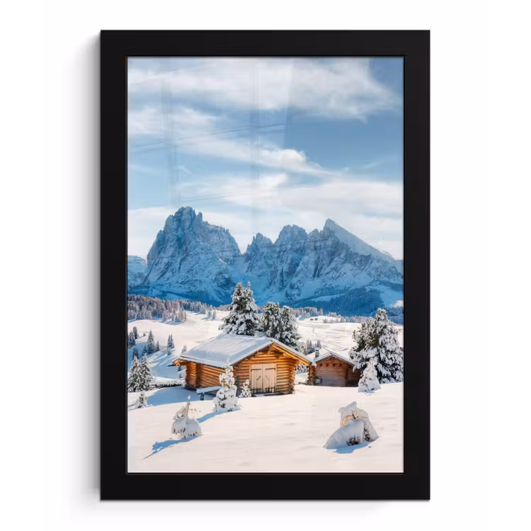 Winter - Huisje - Bergen - Uitzicht - Sneeuw fotolijst zwart zonder passe partout klein -3d