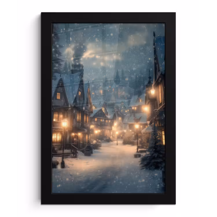 Winterdorp - Sneeuw - Donker fotolijst zwart zonder passe partout klein -3d
