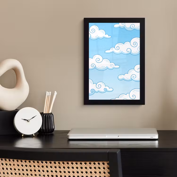 Wolk - Lucht - Cartoon - Blauw - Wit fotolijst zwart zonder passe partout klein -sfeer1