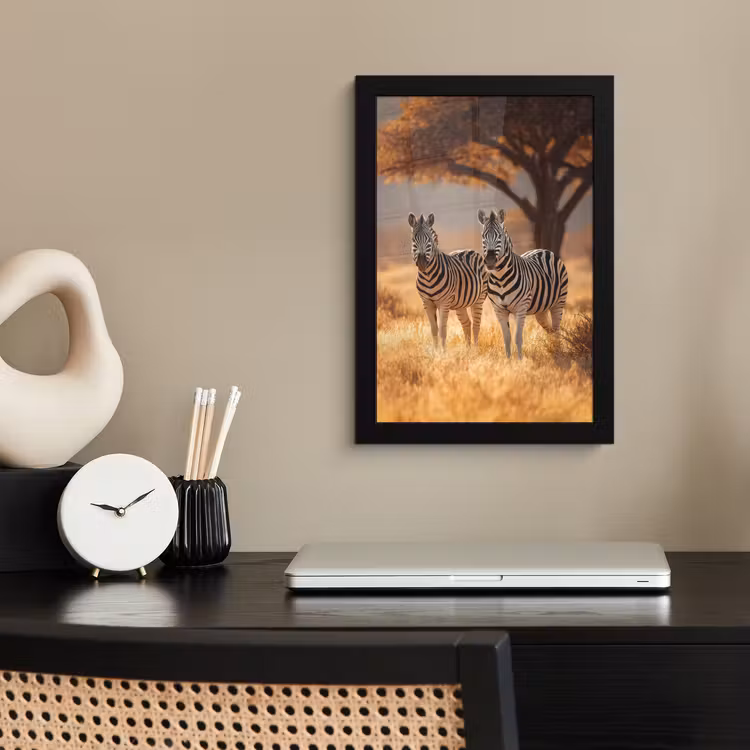 Zebra's - Savannelandschap - Gras fotolijst zwart zonder passe partout klein -sfeer1