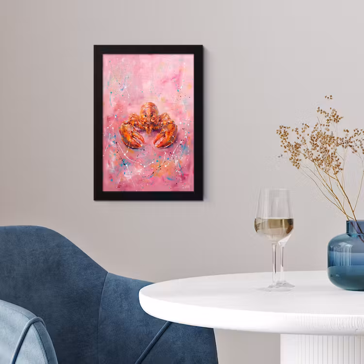 Zeeleven - Kreeft - Spatters - Abstract - Roze fotolijst zwart zonder passe partout klein -sfeer4