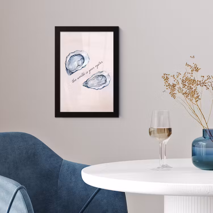 Zeeleven - Oester - Aquarel - Minimalistisch - Blauw fotolijst zwart zonder passe partout klein -sfeer4
