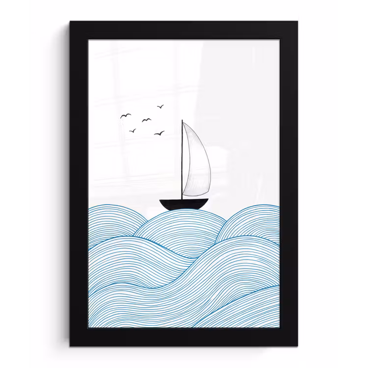 Zeilboot - Golven - Zee - Illustratie - Blauw fotolijst zwart zonder passe partout klein -3d