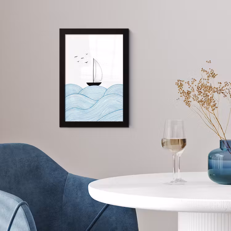 Zeilboot - Golven - Zee - Illustratie - Blauw fotolijst zwart zonder passe partout klein -sfeer4