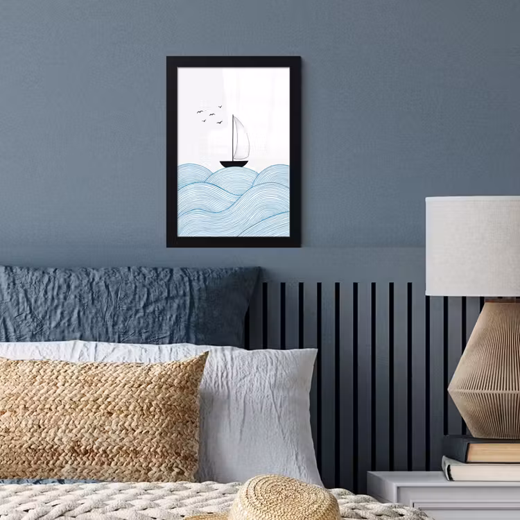 Zeilboot - Golven - Zee - Illustratie - Blauw fotolijst zwart zonder passe partout klein -sfeer3