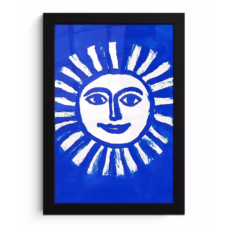Zon - Gezicht - Penseelstructuur - Blauw fotolijst zwart zonder passe partout klein -3d