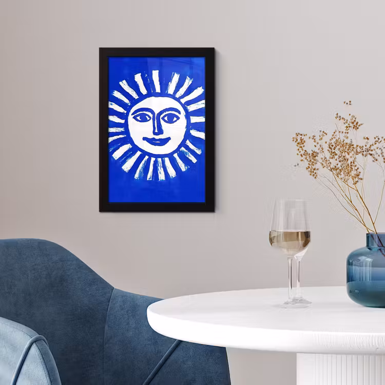 Zon - Gezicht - Penseelstructuur - Blauw fotolijst zwart zonder passe partout klein -sfeer4