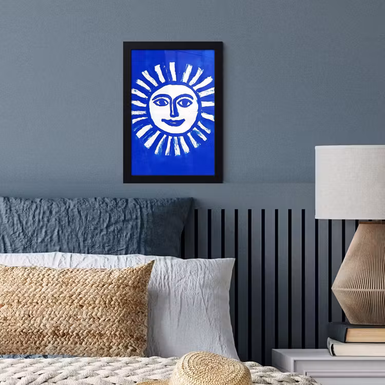 Zon - Gezicht - Penseelstructuur - Blauw fotolijst zwart zonder passe partout klein -sfeer3