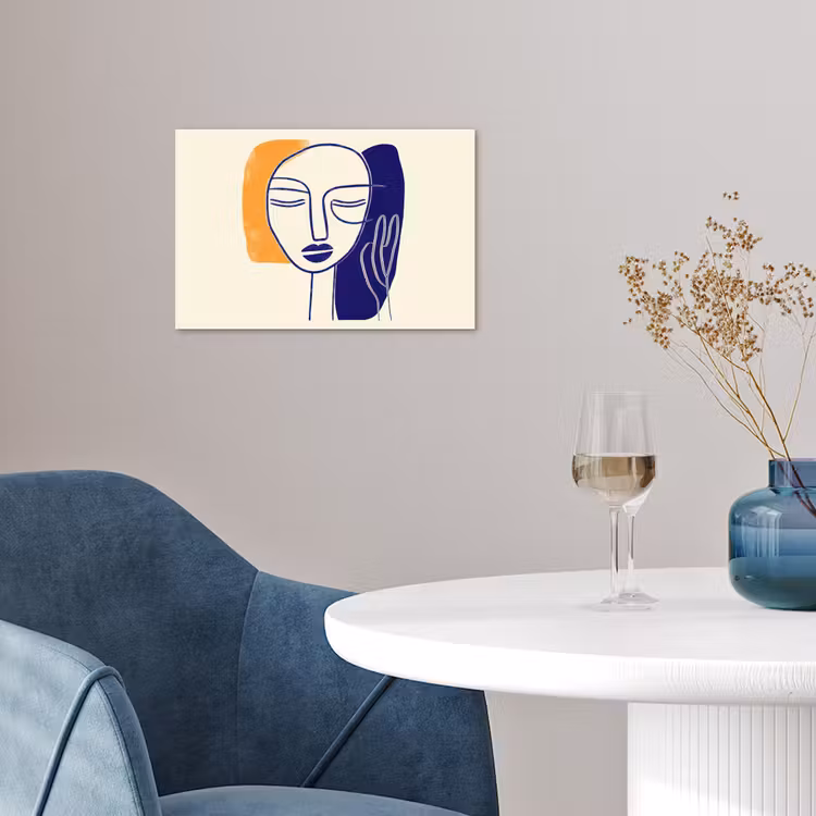Minimalistisch - Gezicht - Hand - Oranje - Blauw poster papier klein -sfeer3