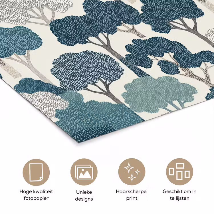 Modern - Bomen - Bos - Patroon - Blauw poster papier klein 62 -closeup_NL