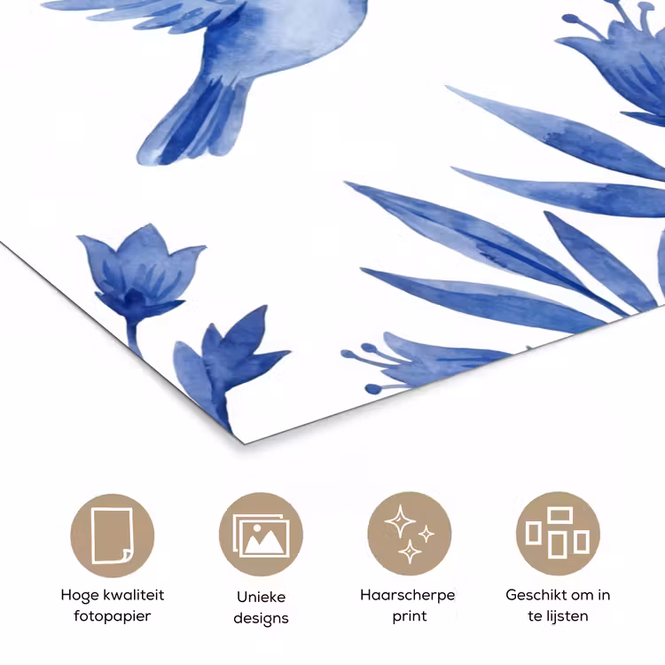 Modern - Vogels - Delfts - Blauw poster papier klein -closeup_NL