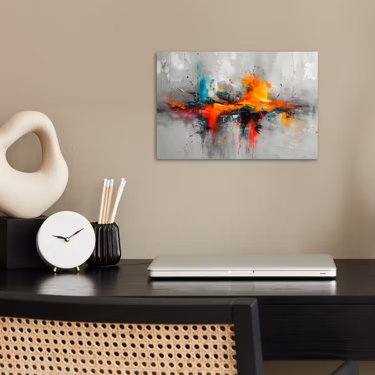 Moderne kunst - Oranje - Grijs - Abstract poster papier klein -sfeer1
