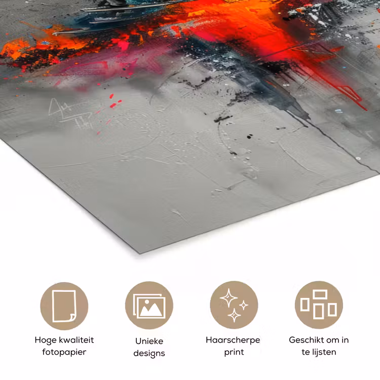 Moderne kunst - Oranje - Grijs - Abstract poster papier klein -closeup_NL