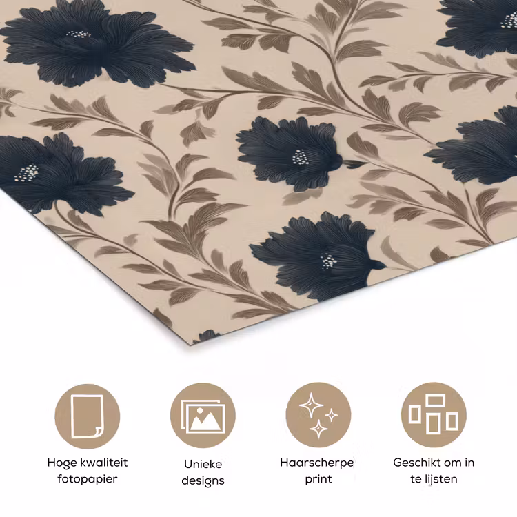 Motief - Bloemen - Zwart - Beige poster papier klein 62 -closeup_NL