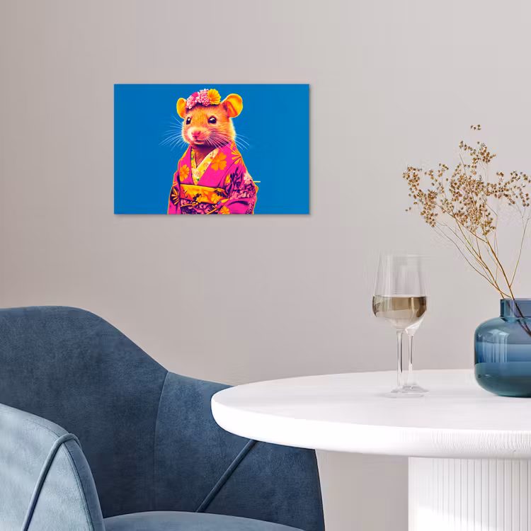 Muis - Kimono - Bloemen - Blauw poster papier klein -sfeer3