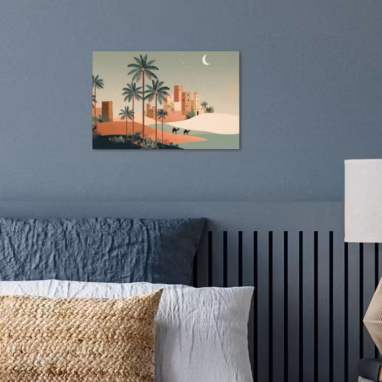 Nachtlandschap - Kamelen - Sterren - zandduinden poster papier klein -sfeer2