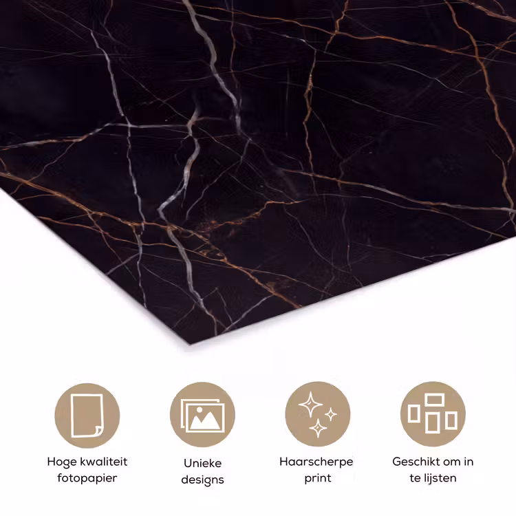 Natuursteen - Marmerpatroon - Abstract - Modern - Zwart - Goud poster papier klein -closeup_NL