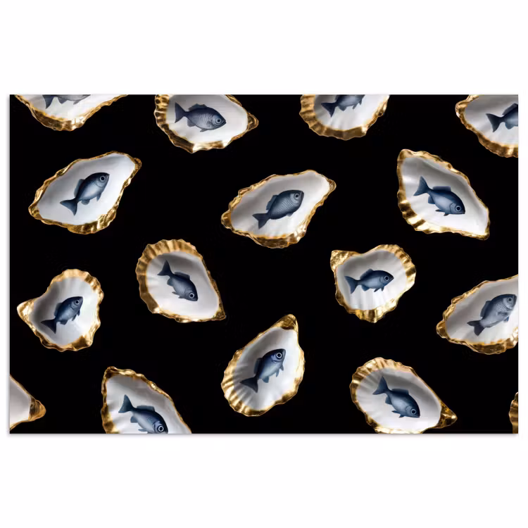 Oesters - Vissen - Blauw - Goud poster papier klein -3d