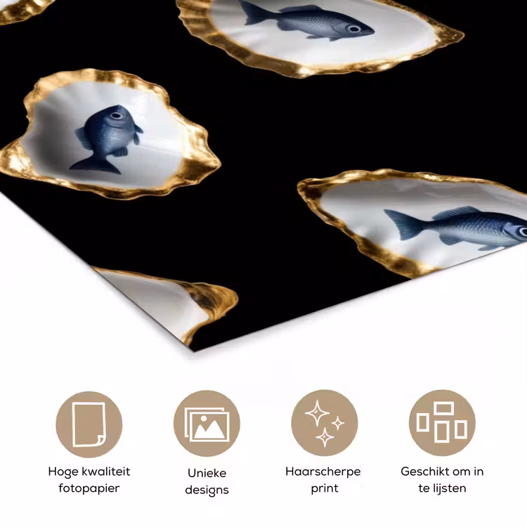 Oesters - Vissen - Blauw - Goud poster papier klein -closeup_NL