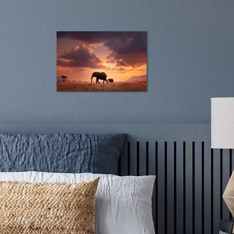Olifanten - Grasland - Zonsondergang poster papier klein -sfeer2