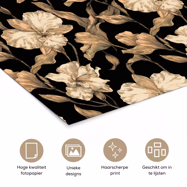 Orchideeën - Lijntekening - Patroon - Beige - Zwart poster papier klein 62 -closeup_NL
