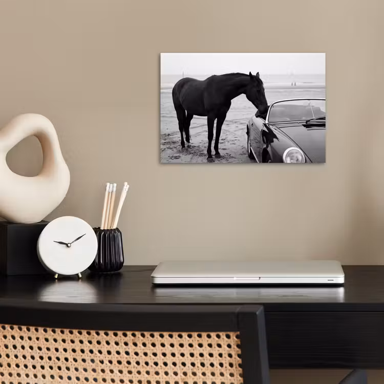 Paard - Auto - Zwart - Wit poster papier klein -sfeer1