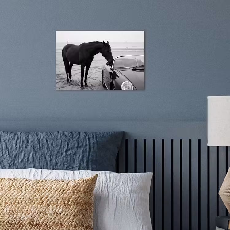 Paard - Auto - Zwart - Wit poster papier klein -sfeer2