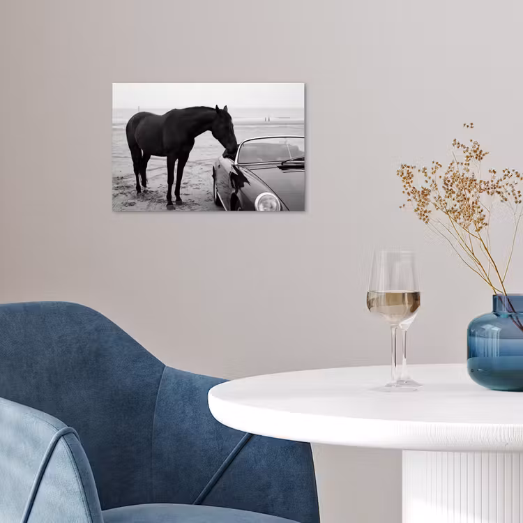 Paard - Auto - Zwart - Wit poster papier klein -sfeer3