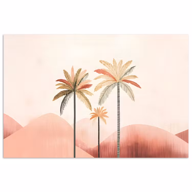 Palmbomen - Heuvels - Minimalistisch - Zachtroze poster papier klein -3d
