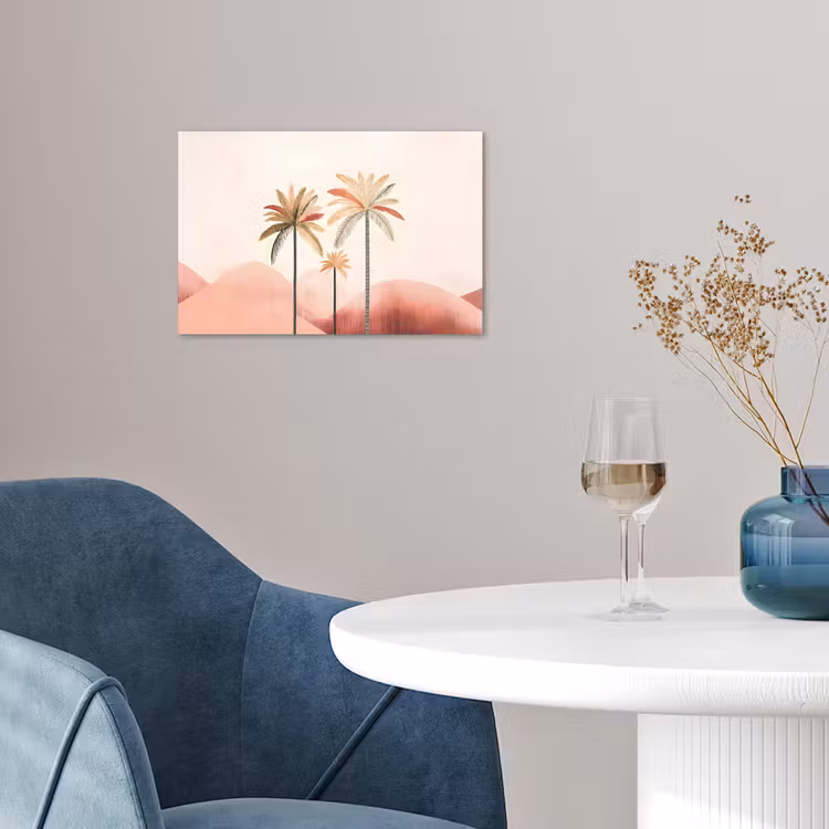 Palmbomen - Heuvels - Minimalistisch - Zachtroze poster papier klein -sfeer3