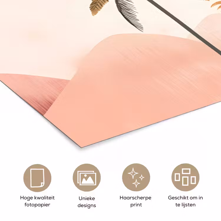 Palmbomen - Heuvels - Minimalistisch - Zachtroze poster papier klein -closeup_NL