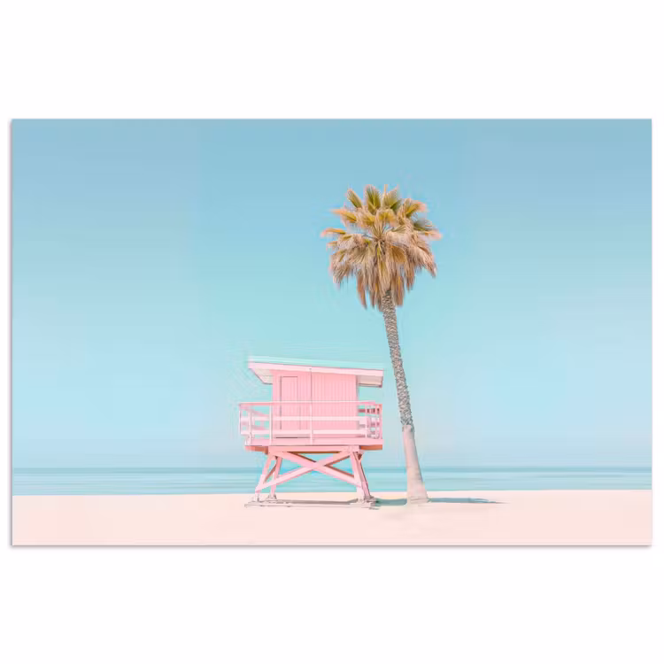 Palmboom - Strandhuis - Roze poster papier klein -3d