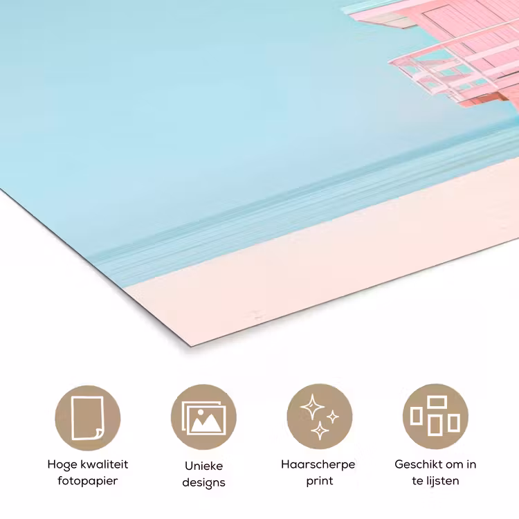 Palmboom - Strandhuis - Roze poster papier klein -closeup_NL