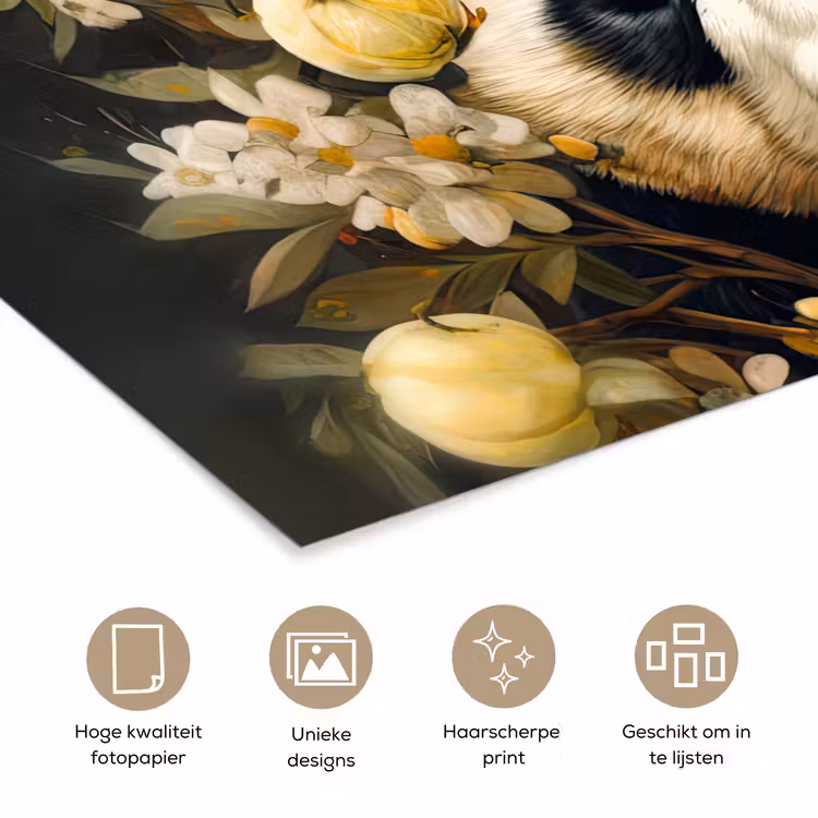 Panda - Pandabeer - Wilde dieren - Natuur - Bloemen poster papier klein -closeup_NL