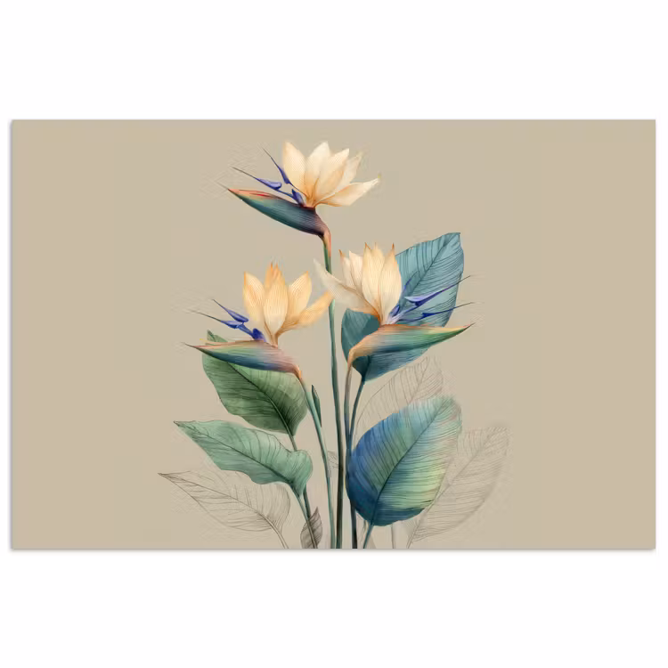 Paradijsvogelbloemen - Blauwgroene bladeren - Beige poster papier klein -3d