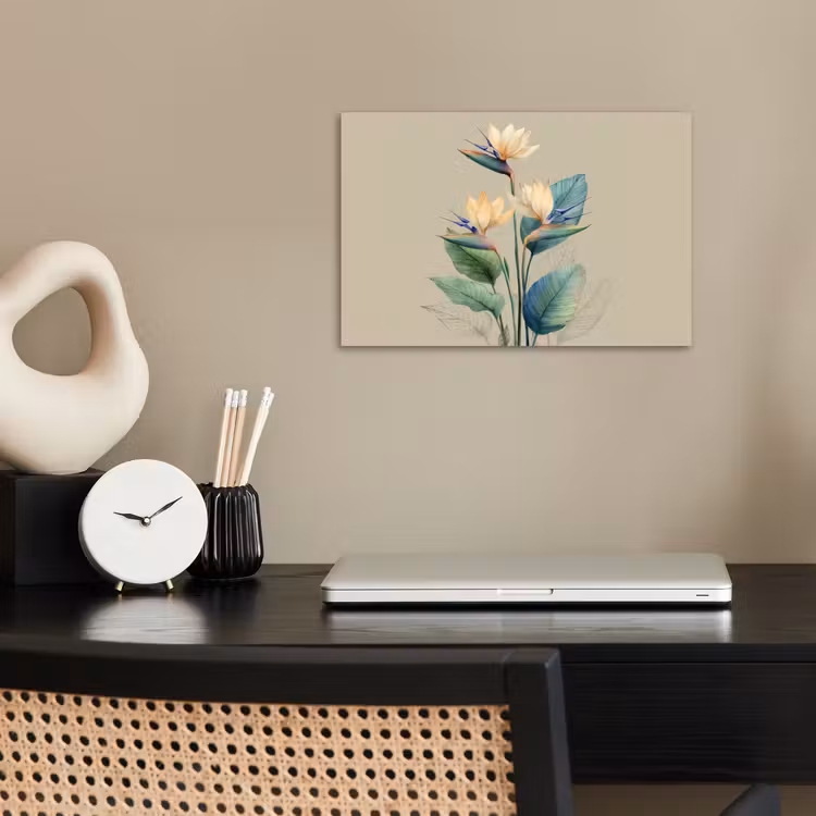 Paradijsvogelbloemen - Blauwgroene bladeren - Beige poster papier klein -sfeer1
