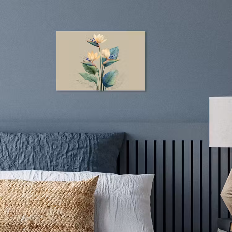 Paradijsvogelbloemen - Blauwgroene bladeren - Beige poster papier klein -sfeer2