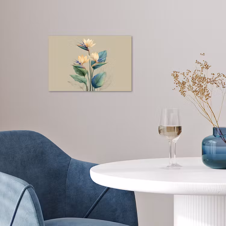 Paradijsvogelbloemen - Blauwgroene bladeren - Beige poster papier klein -sfeer3