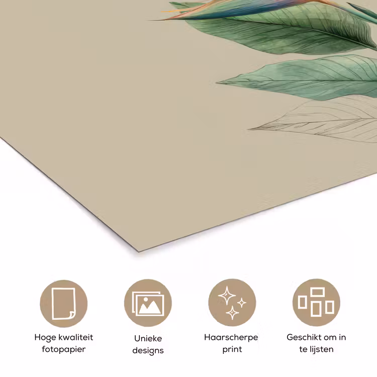 Paradijsvogelbloemen - Blauwgroene bladeren - Beige poster papier klein -closeup_NL