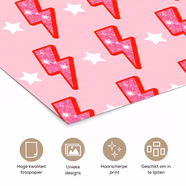 Patroon - Bliksem - Ster - Glitter - Roze poster papier klein -closeup_NL
