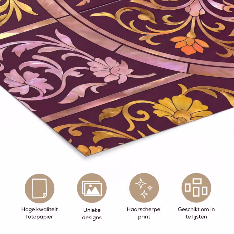 Patroon - Floraal - Oosters - Paars - Goud poster papier klein -closeup_NL